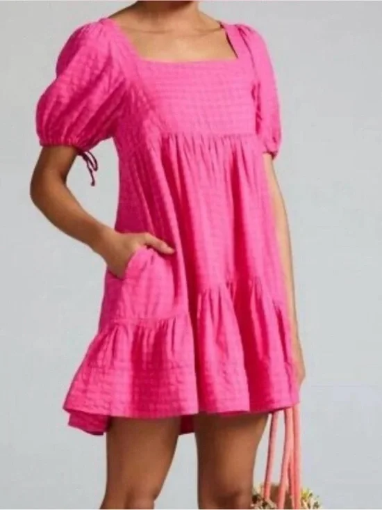Anthropologie Hot Pink Square-Neck Tiered Puff-Sleeve Mini Dress XS - Picture 2 of 3
